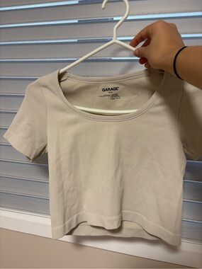 Garage Cream Ribbed Scoop Neck Short Sleeve Top